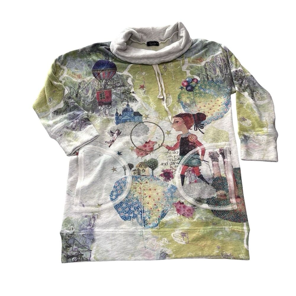 Inoah Abstract Cowl Neck Tunic Top 3/4 Sleeves Graphic Artsy Sweatshirt